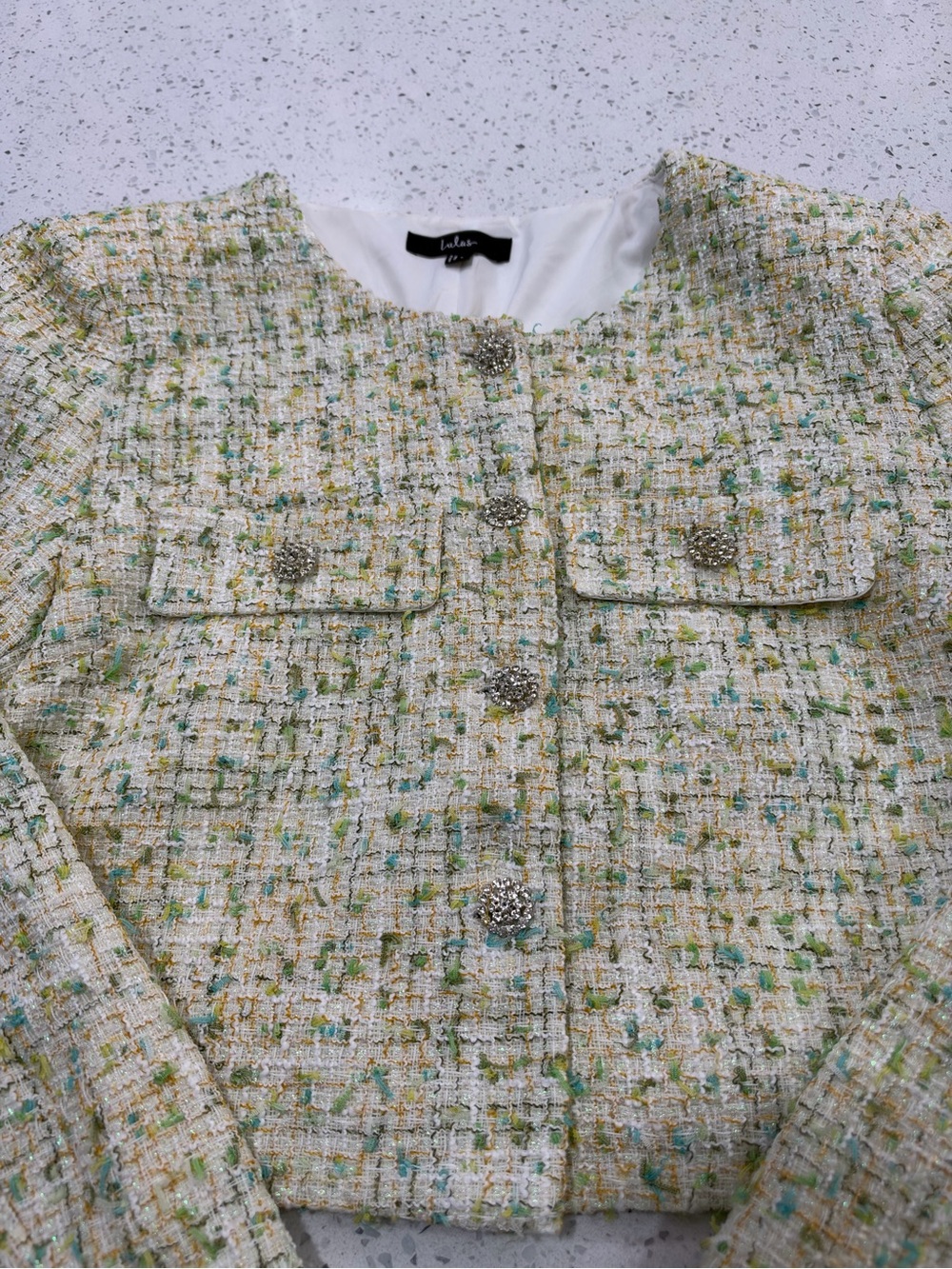 Lulus Pastel Tweed Cropped Jacket Jeweled Buttons Size L